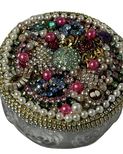 Vintage Bejeweled Trinket box crystals flowers glass dresser vanity