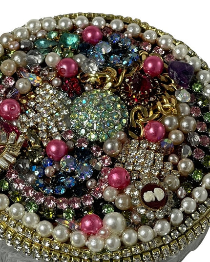 Vintage Bejeweled Trinket box crystals flowers glass dresser vanity