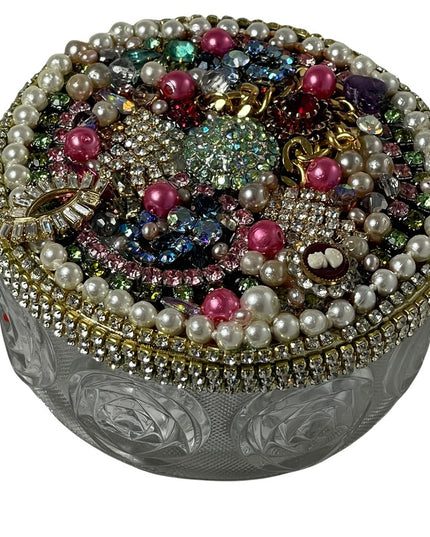 Vintage Bejeweled Trinket box crystals flowers glass dresser vanity