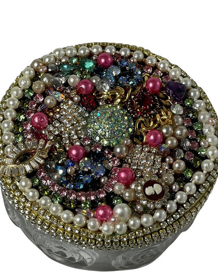 Vintage Bejeweled Trinket box crystals flowers glass dresser vanity