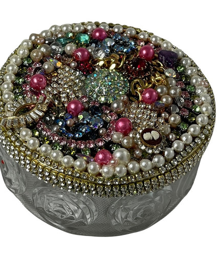 Vintage Bejeweled Trinket box crystals flowers glass dresser vanity