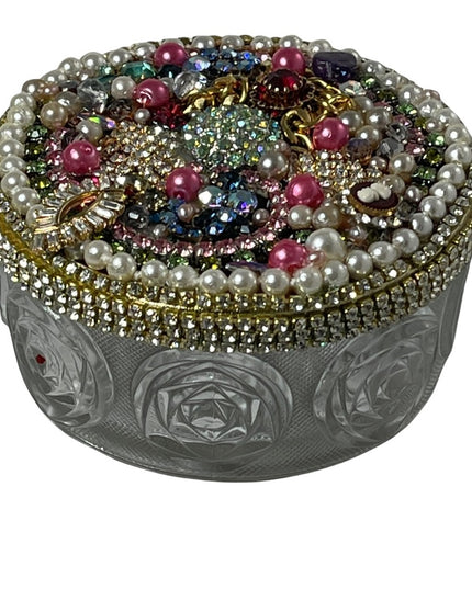 Vintage Bejeweled Trinket box crystals flowers glass dresser vanity