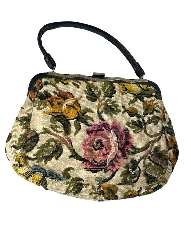 Vintage flower carpet bag hobo 1960s tapestry purse