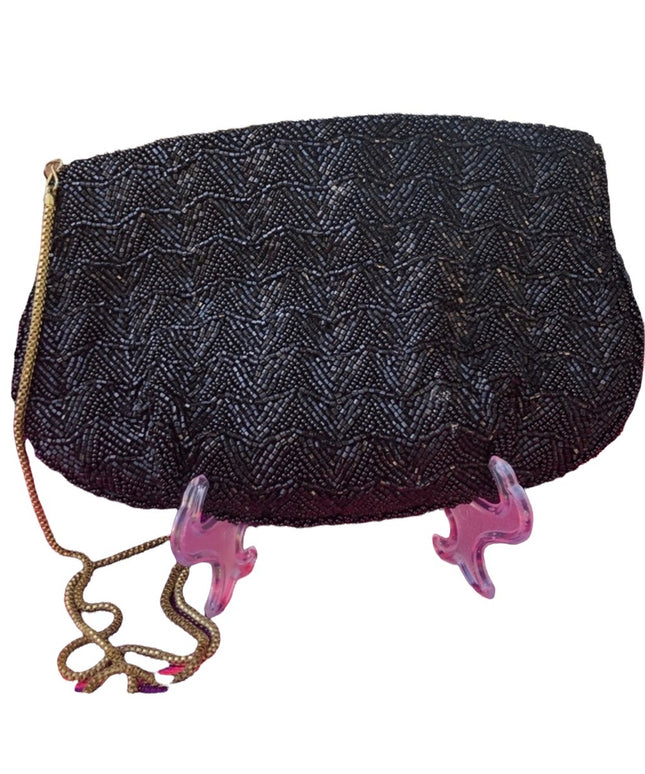 Vintage black bead 1960s clutch shoulder bag eve clutch