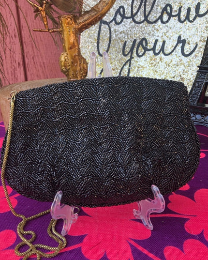 Vintage black bead 1960s clutch shoulder bag eve clutch