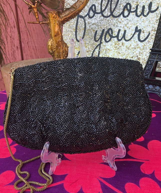Vintage black bead 1960s clutch shoulder bag eve clutch