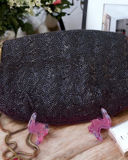 Vintage black bead 1960s clutch shoulder bag eve clutch