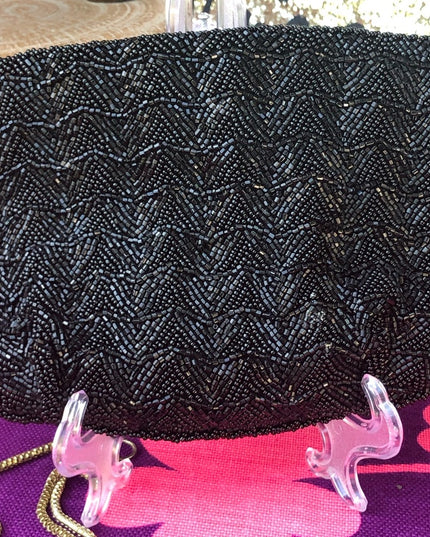 Vintage black bead 1960s clutch shoulder bag eve clutch