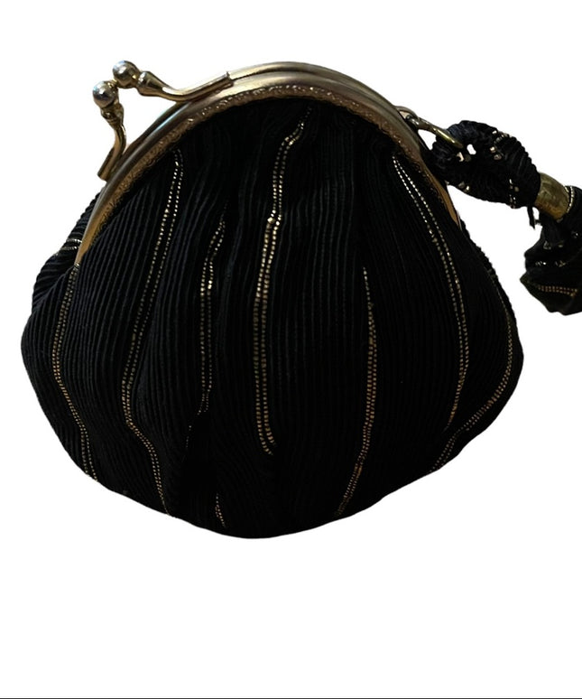 Antique gold & black fabric sateen Wristlet change purse 1800s-1900s
