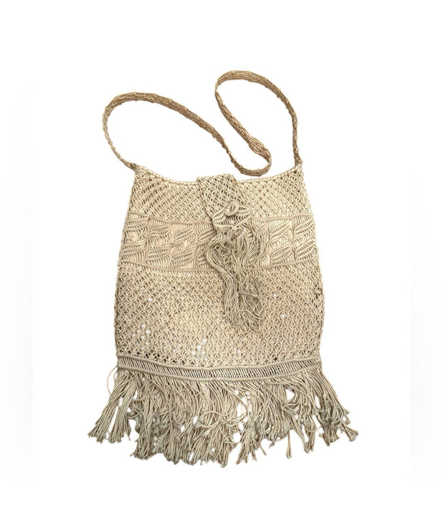 Vintage cotton macrame style purse Boho hippie shoulder bag  1970’s fringe