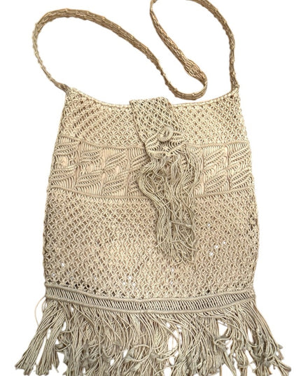 Vintage cotton macrame style purse Boho hippie shoulder bag  1970’s fringe