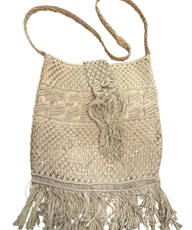 Vintage cotton macrame style purse Boho hippie shoulder bag  1970’s fringe
