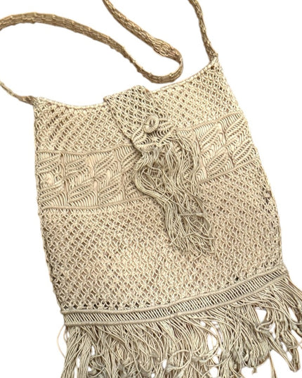 Vintage cotton macrame style purse Boho hippie shoulder bag  1970’s fringe