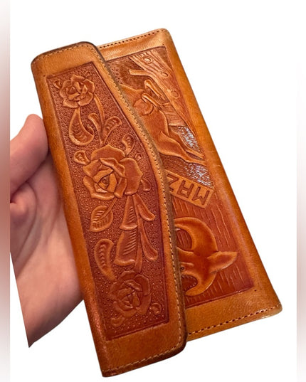 Brown Leather Embossed Wallet Vintage brown leather tooled Mexico Embossed