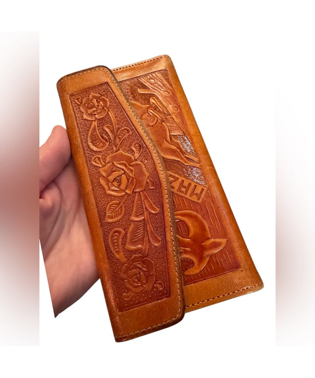 Brown Leather Embossed Wallet Vintage brown leather tooled Mexico Embossed