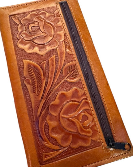 Brown Leather Embossed Wallet Vintage brown leather tooled Mexico Embossed
