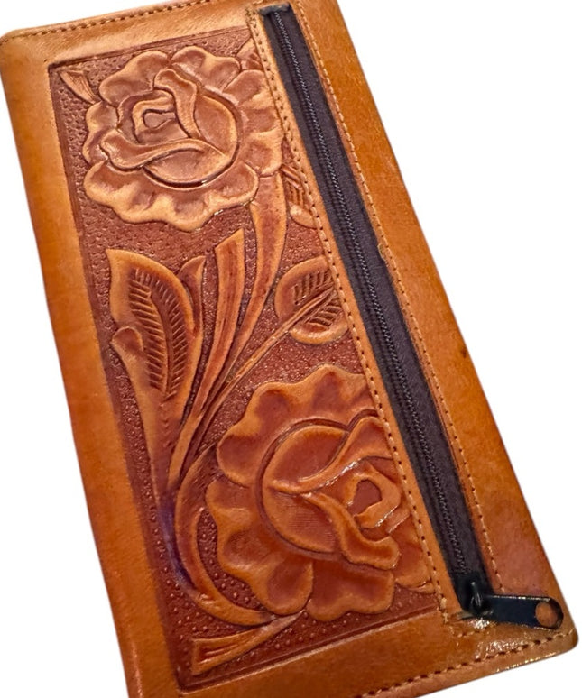 Brown Leather Embossed Wallet Vintage brown leather tooled Mexico Embossed
