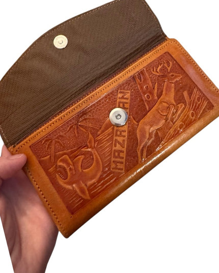 Brown Leather Embossed Wallet Vintage brown leather tooled Mexico Embossed