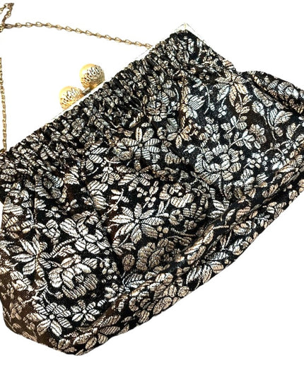 Antique Silver black flower Paris France purse metallic