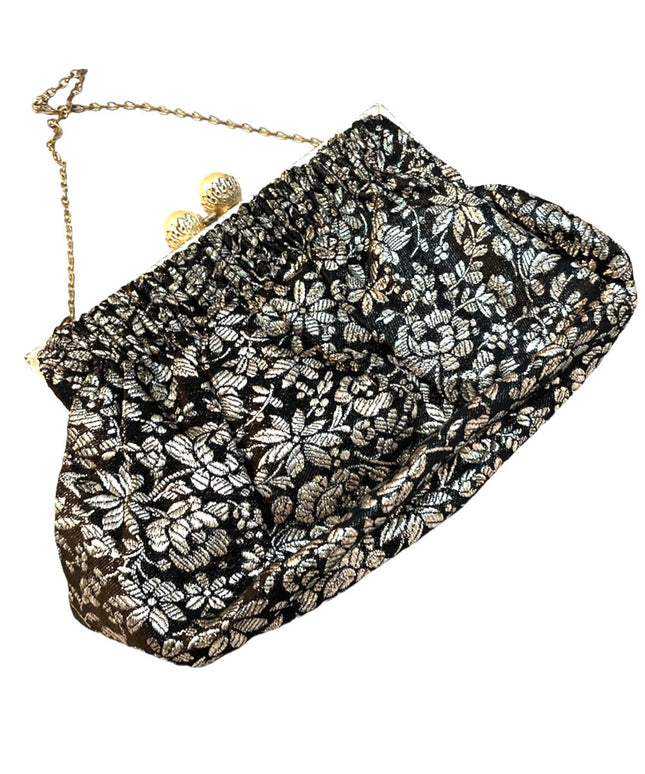 Antique Silver black flower Paris France purse metallic