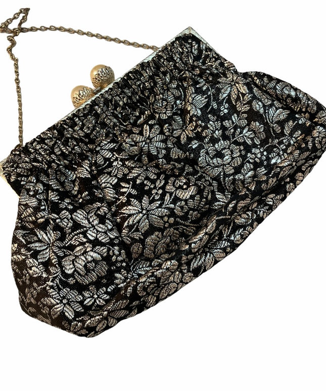 Antique Silver black flower Paris France purse metallic