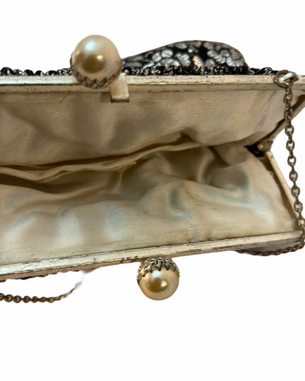 Antique Silver black flower Paris France purse metallic