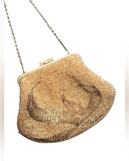 Elegant Vintage 1970s Silver Micro Beaded Evening Bag Fancy Leaf Design Motif