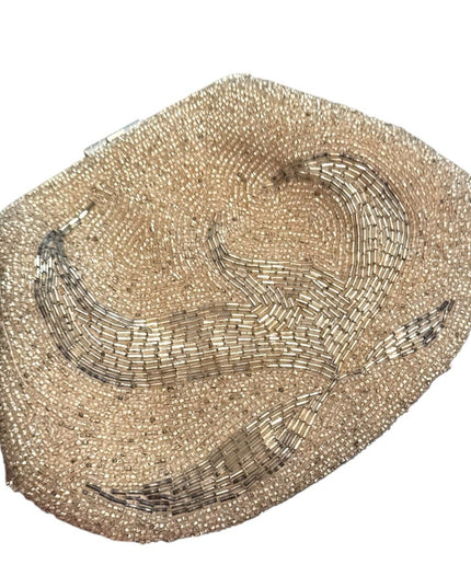 Elegant Vintage 1970s Silver Micro Beaded Evening Bag Fancy Leaf Design Motif