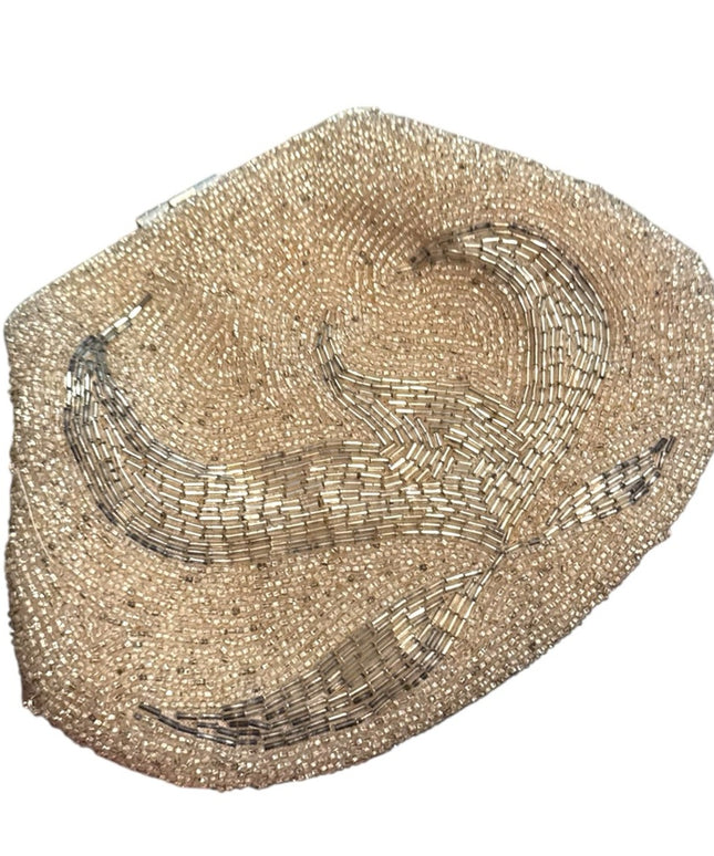 Elegant Vintage 1970s Silver Micro Beaded Evening Bag Fancy Leaf Design Motif