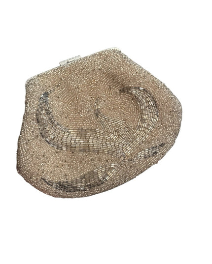 Elegant Vintage 1970s Silver Micro Beaded Evening Bag Fancy Leaf Design Motif