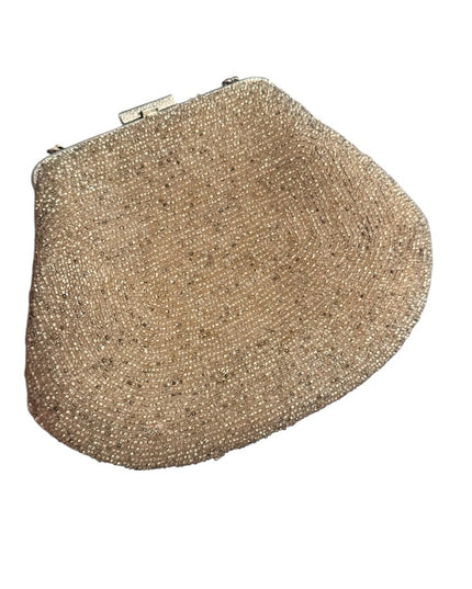 Elegant Vintage 1970s Silver Micro Beaded Evening Bag Fancy Leaf Design Motif