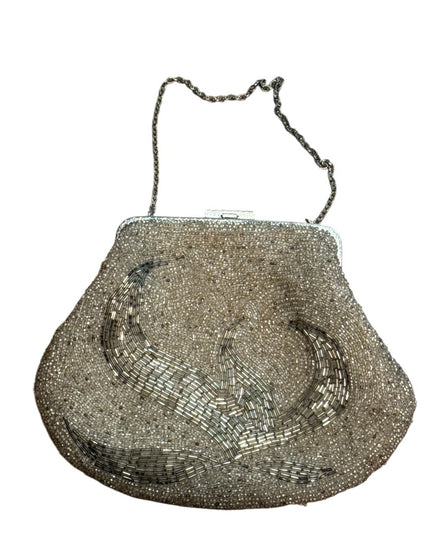 Elegant Vintage 1970s Silver Micro Beaded Evening Bag Fancy Leaf Design Motif