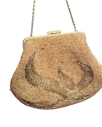 Elegant Vintage 1970s Silver Micro Beaded Evening Bag Fancy Leaf Design Motif