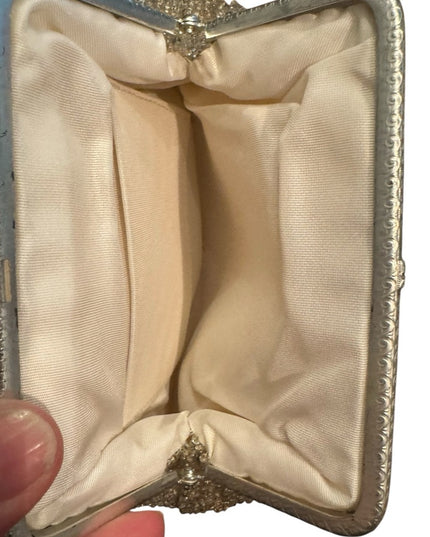 Elegant Vintage 1970s Silver Micro Beaded Evening Bag Fancy Leaf Design Motif