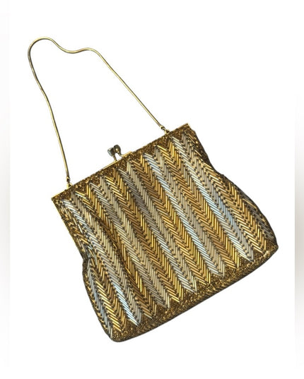 Vintage 1959s Gold and Silver Chevron Mico beaded Evening Bag wristlet