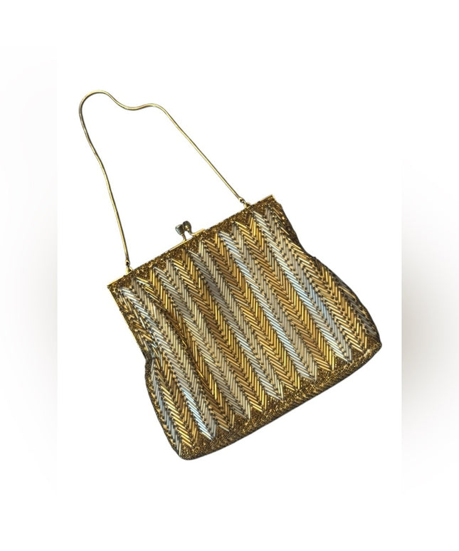 Vintage 1959s Gold and Silver Chevron Mico beaded Evening Bag wristlet