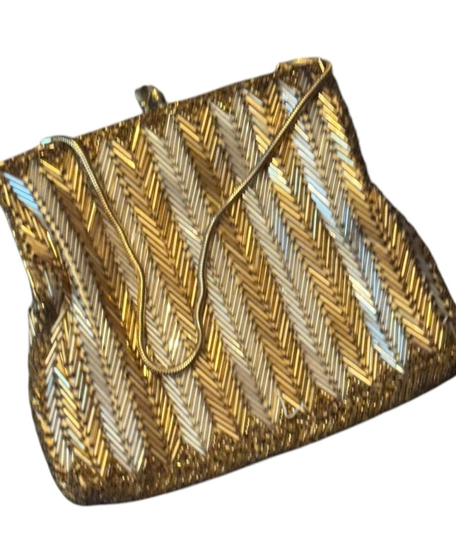 Vintage 1959s Gold and Silver Chevron Mico beaded Evening Bag wristlet