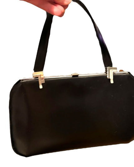 Vintage 1950s Black leather Jackie Oh Mid Century Handbag purse