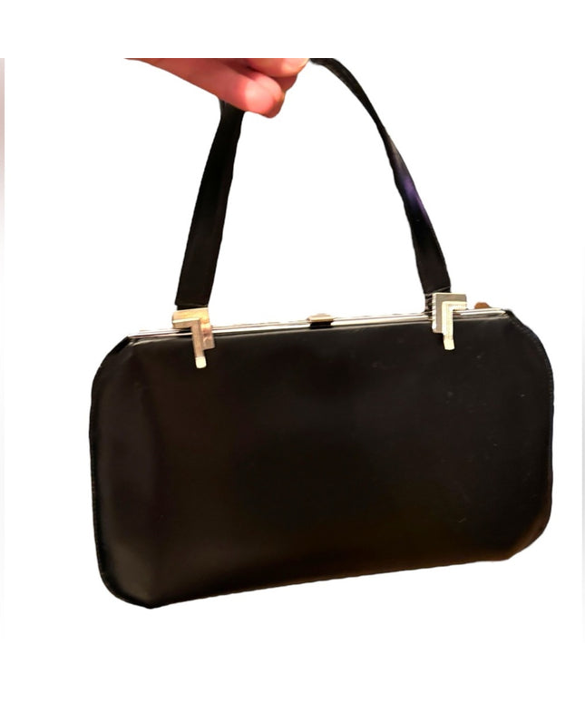 Vintage 1950s Black leather Jackie Oh Mid Century Handbag purse
