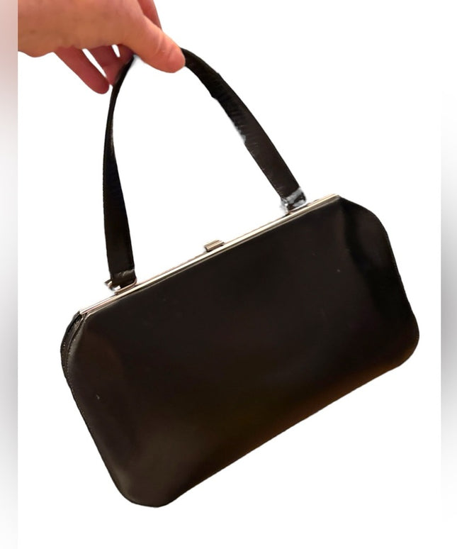 Vintage 1950s Black leather Jackie Oh Mid Century Handbag purse