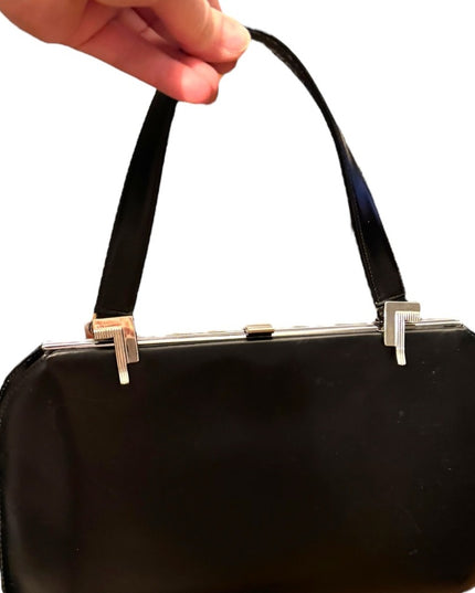Vintage 1950s Black leather Jackie Oh Mid Century Handbag purse