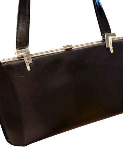 Vintage 1950s Black leather Jackie Oh Mid Century Handbag purse