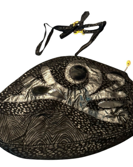Vintage Reptile printed purse shoulder Bag - Black and Silver leather suede