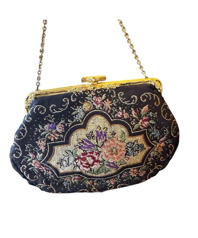 Elegant Vintage handmade 1940s Floral petite point Embroidered wristlet