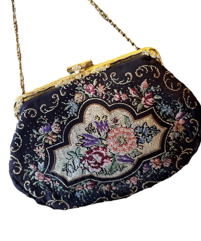 Elegant Vintage handmade 1940s Floral petite point Embroidered wristlet