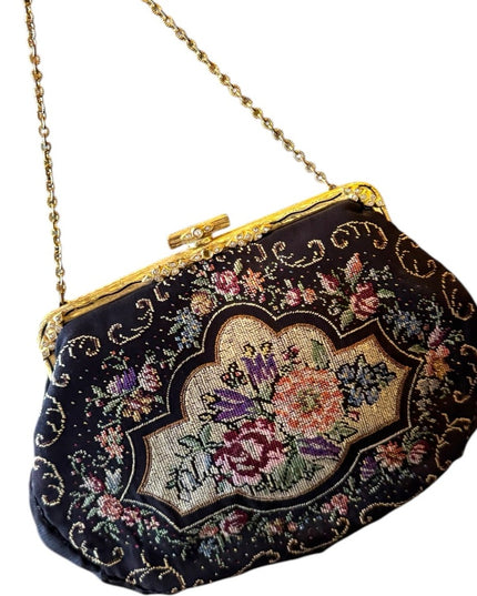 Elegant Vintage handmade 1940s Floral petite point Embroidered wristlet