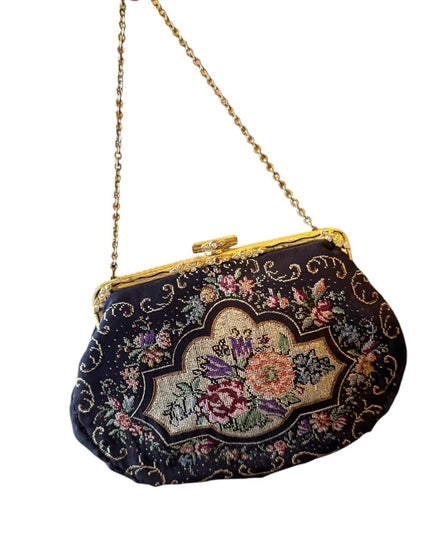 Elegant Vintage handmade 1940s Floral petite point Embroidered wristlet