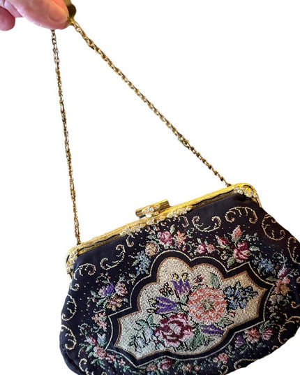 Elegant Vintage handmade 1940s Floral petite point Embroidered wristlet