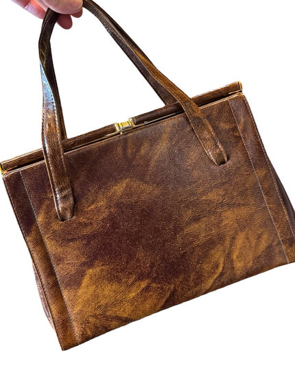 Elegant Vintage 1950s A frame leather handbag, top handle purse, whisky