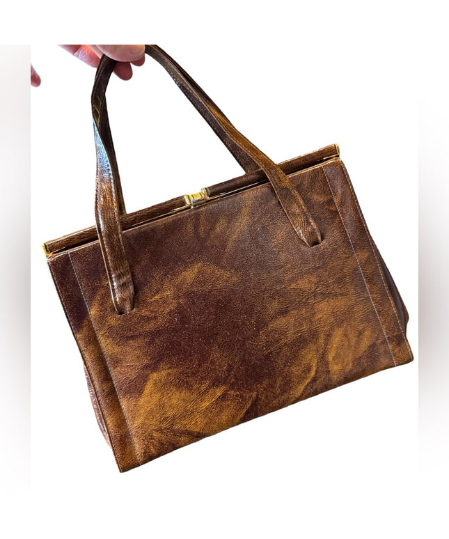 Elegant Vintage 1950s A frame leather handbag, top handle purse, whisky